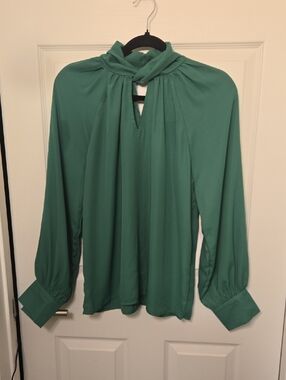 SHEIN Green Twist Mock Neck Keyhole Long Sleeve Blouse